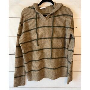 Staccato Women Tan Olive Green Striped Ribbed Knit Hooded Sweater Size L 54766